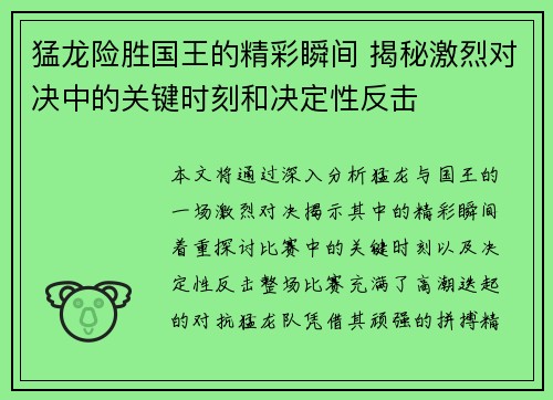 猛龙险胜国王的精彩瞬间 揭秘激烈对决中的关键时刻和决定性反击